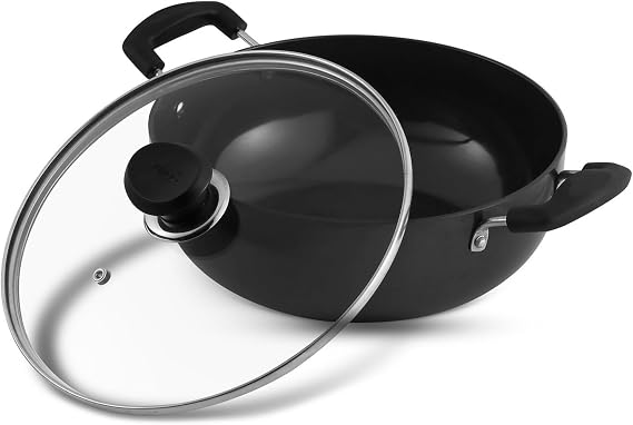 Vinod Pearl Hard Anodised Frypan Kadai with Stainless Steel Lid, 10 L, Black