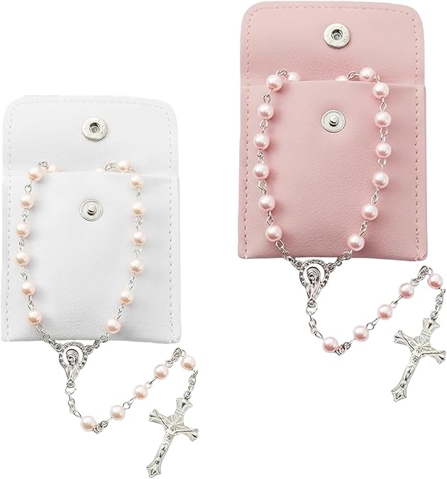 2 PCS Pearls Catholic Rosemary Beads with Cross for Women, Pink and White