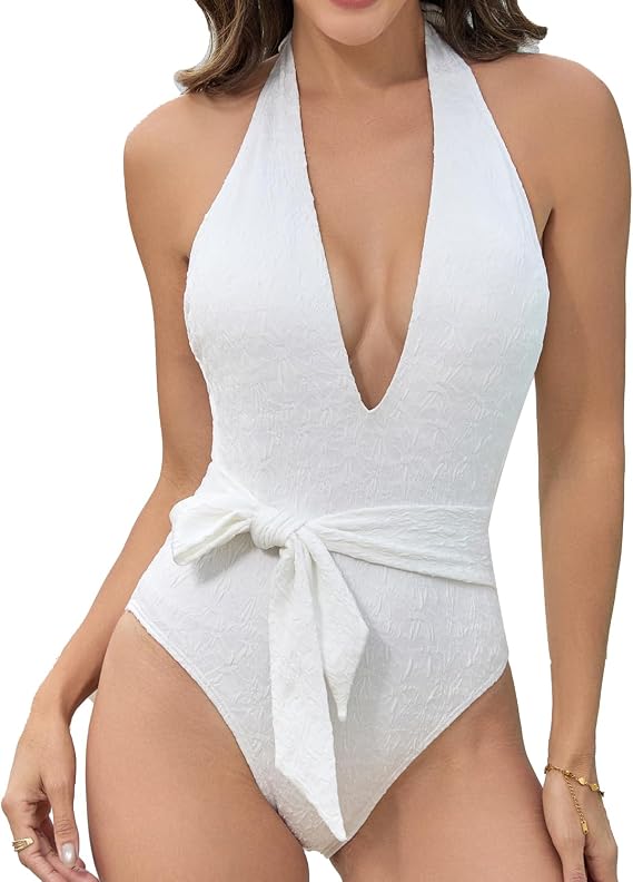 Cromi Women Luxury Jacquard Deep V Neck Halter One Piece Swimsuit