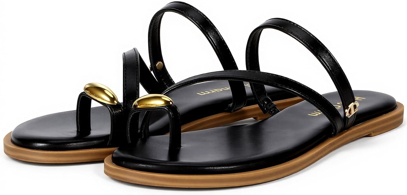 Womens Flat Sandals Metal Toe Ring Slip On Sandals Round Open Toe Slide Sandals Flip Flop Thong Sandals Daily Casual Summer Beach Sandals Shoes