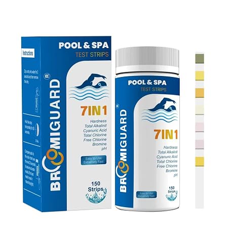 BROMIGUARD 7 Way Pool Test Strips | 7-in-1 Spa Test Strips Quick & Accurate Water Testing Kit for Chlorine, pH, Alkalinity, Hardness & Cyanuric Acid | 150 Strips