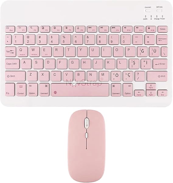 NovStrap Apple İpad 7. 8. 9. Nesil 10.2 inç ile Uyumlu Bluetooth Klavye Mouse Seti PEMBE