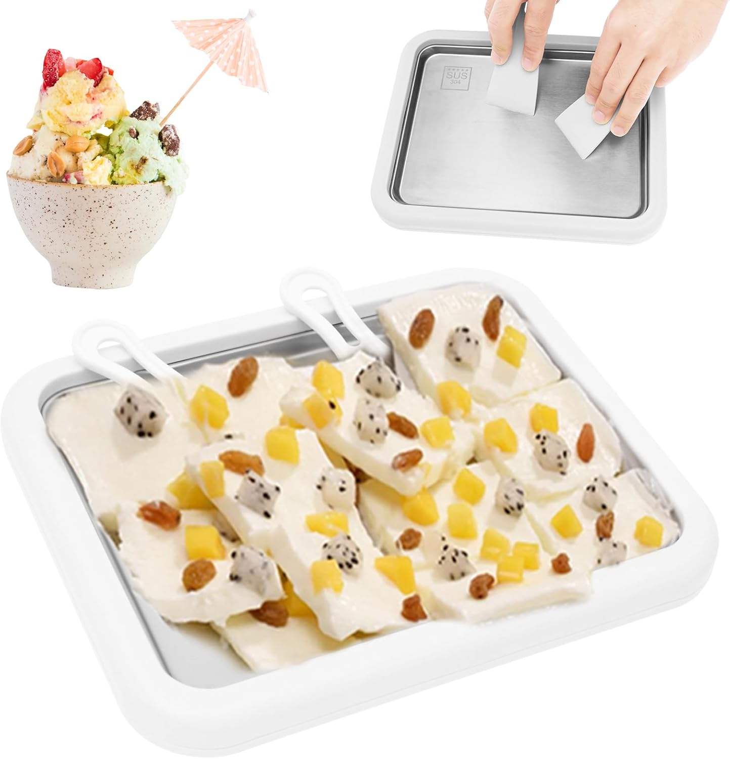 Ice Cream Roll Maker with 2 Scrapers Stainless Steel Rolled Ice Cream Tray DIY Frozen Yogurt Machine for Making Soft Serve Slushies and Gelato DIY Homemade Frozen Yogurt Machine (22.5x17.5x3.5cm)