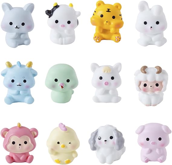 12pcs Resin Mini Animals Set, Mixed Tiny Animals Figures, Rat, Cow, Tiger, Rabbit, Dragon, Snake, Horse, Sheep, Monkey, Chicken, Dog, Pig, for Fairy Garde Miniature Landscape Dollhouse