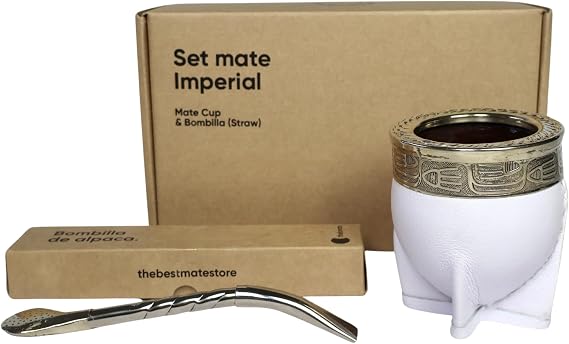 [Imperial Premium Set Yerba Mate Cup - Crafted Ceramic Teacup Leather Wrapped Handmade in Uruguay - Set Mate Imperial with German Silver Bombilla Straw and Cleaning Brush (White)