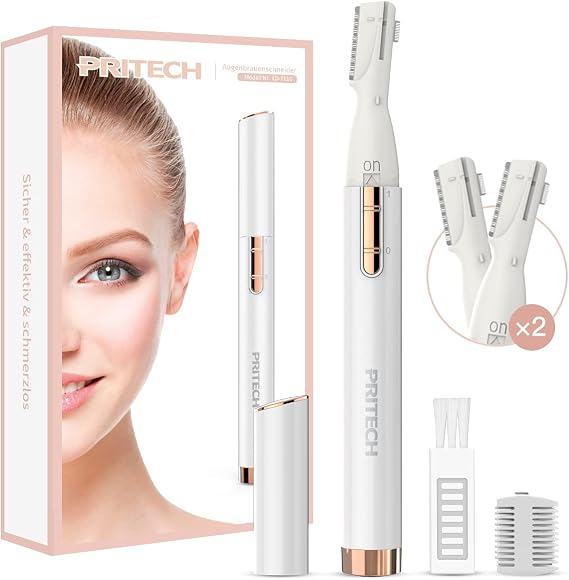 PRITECH Electric Eyebrow Trimmer for Women Men, Painless Facial Hair Remover with 2 Replaceable Blades & Comb, Battery Operated Precision Razor for Face Upper Lip Chin Neck Peach Fuzz