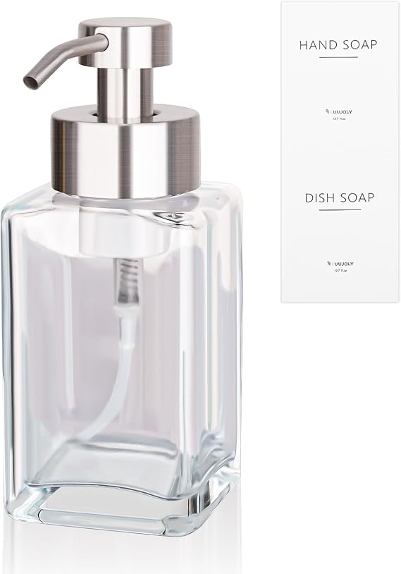 Foaming Soap Dispenser with Stainless Steel Pump, 12oz Refillable Glass Liquid Dish Soap Bottles for Bathroom, Kitchen Sink, Home Decor
