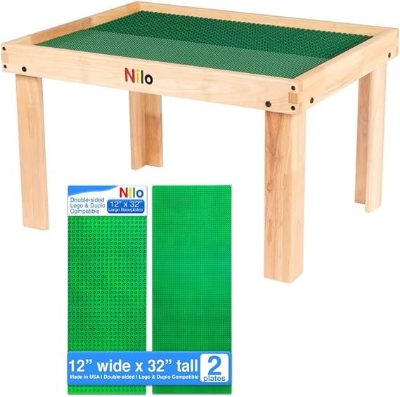 NILO Kids Multi-Purpose Activity Table Set, Plus 2 Compatible Double-Sided Green Baseplate for Small & Large Bricks
