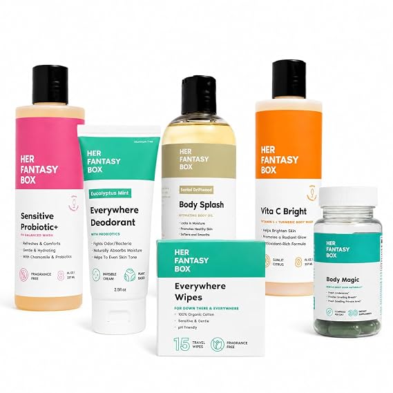 Her Fantasy Box | Fresh at Work Set Turmeric Body Wash, Sensitive Probiotic Wash, Mint Deodorant, Chlorophyll Capsules, Santal Driftwood Body Oil & Wipes