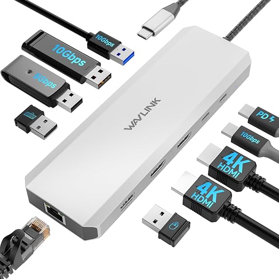 WAVLINK Laptop Docking Station, 10G USB C Hub with Dual HDMI, 100W PD in, 10Gbps USB-A/C 3.2, 5Gbps USB-A, USB2.0, Gigabit Ethernet for Dell/HP/Lenovo etc, Windows Systerm Computer Only