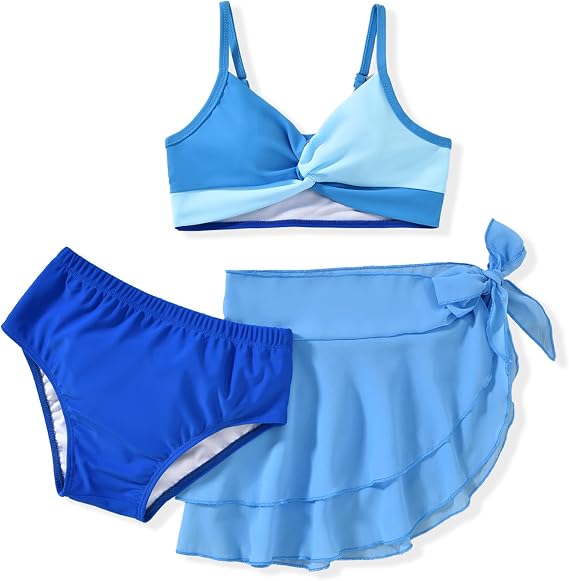 HIHA Girls Swimsuit 3 Piece Bikini with Cover Up Skirts Size 6-12