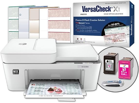 VersaCheck HP DeskJet 4155 MXE MICR All-in-One Printer Presto Printing Software Bundle White