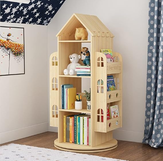 Heehee Rotating Bookshelf 360 Display Floor Standing Bookcase Storage Rack Children's Bookshelf, Wood Book Shelf Organizer Stand for Kids, Storage Book Display Case Bookrack