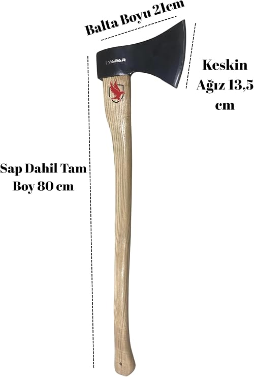 Ahşap Saplı Dövme Çelik Kamp Baltası, 80 cm Boy, 21 cm Balta Başı, 1.600 kg