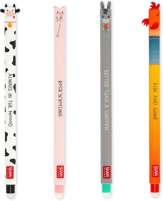 Legami - 4'lü Set Jel Silgi Çiftliği Sweet Farm Kalemler, Isıya Hassas, Silinebilir Mürekkep, Siyah, Pembe, Yeşil, Kırmızı, Yaprak Kullanmadan Silinebilir, 0,7 mm Uç