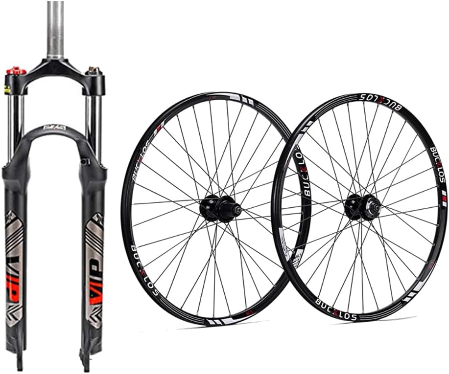 BUCKLOS 29 QR 9  100mm MTB Suspension Fork Travel 100mm, 28.6mm Straight Tube Crown Lock XC Mountain Bike & Disc Brake 32H, High Strength Aluminum Alloy Rim Black Bike Wheel, fit 7-11 Speed Cassette