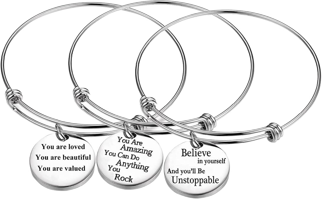 CCBFY 3 Pack Women Engraved Message Inspirational Words Round Charm Bracelets Set Expandable Silver Plated Stainless Steel Motivational Bangle Bracelet