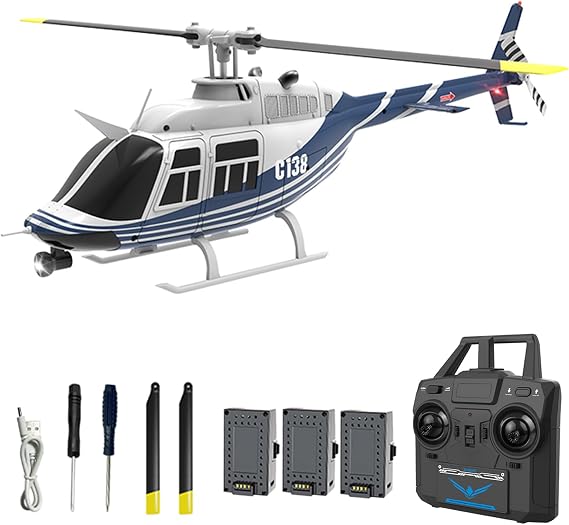 C138 Remote Control Helicopter, 1:33 Scale Bell206 Helicopter 2.4G 4CH RTF Single Propeller Aileron Free, Optical Flow Positioning, Six-axis Gyroscope Stabilization Gift for Adults (3 Battery)