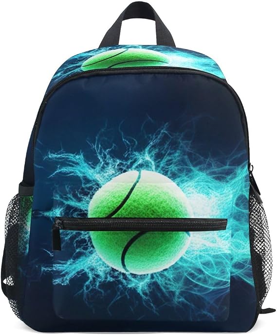 Tennis Ball Fire Photo Black Toddler Backpack for Boys Girls, Mini with Name Tag Kids School Bag, 3-8 Years
