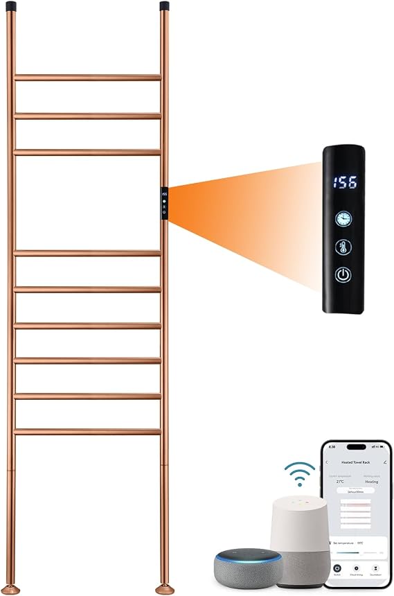 Freestanding Heated Towel Rack Electric Towel Warmer 110W Smart WiFi Voice Control 115F155F Adjustable, 24H Timer, 9-Bar Hot Towel Rack, Blanket Ladder Holder, No Installation (Rose Gold)