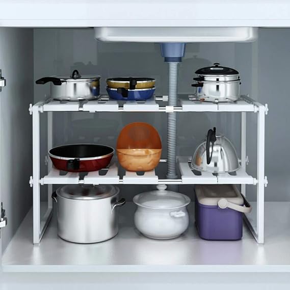 BTGGG Under Sink Storage Kitchen Organiser Expandable Multifunctional 2 Tier Kitchen Under Shelf Storage Bathroom Storage Rack Adjustable Shelf Caddy with 10 Removable Panels