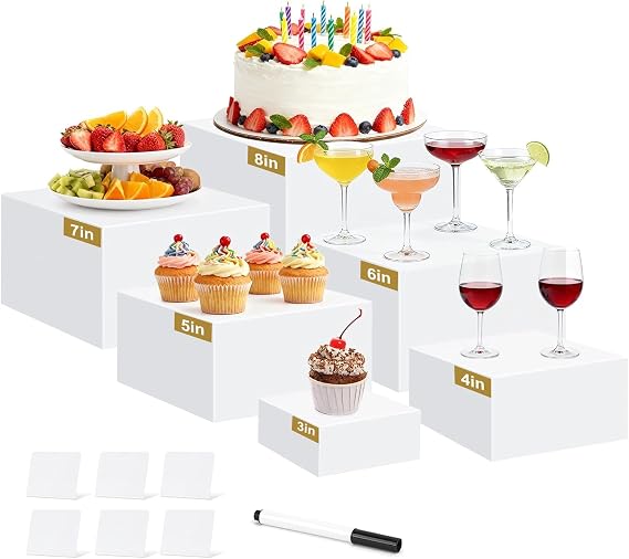 6 Pcs Buffet Risers, Acrylic Food Risers for Buffet Table, 6 Sizes (3x4x5x6x7x8 Inch) Display Stand Shelf for Party Catering Dessert Collectibles - Stackable Cube Boxes Display with Hollow Bottoms
