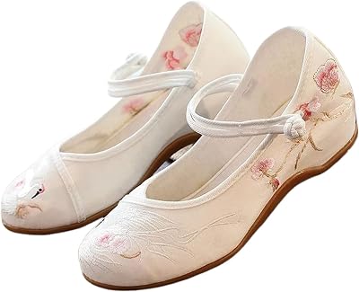 JYHBHMZG Women Cotton Fabric Embroidered Ballet Flats Retro Ladies Casual Walking Shoes Comfortable White Red Blue
