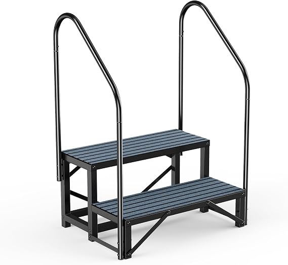 RV Steps Spa Steps with Handrail - 2 Step Hot Tub Steps Trailer Steps Mobile Home Stairs for 5th Wheel RV, Trailer, Hot Tub, Pool, Porch with Non-Slip Mats