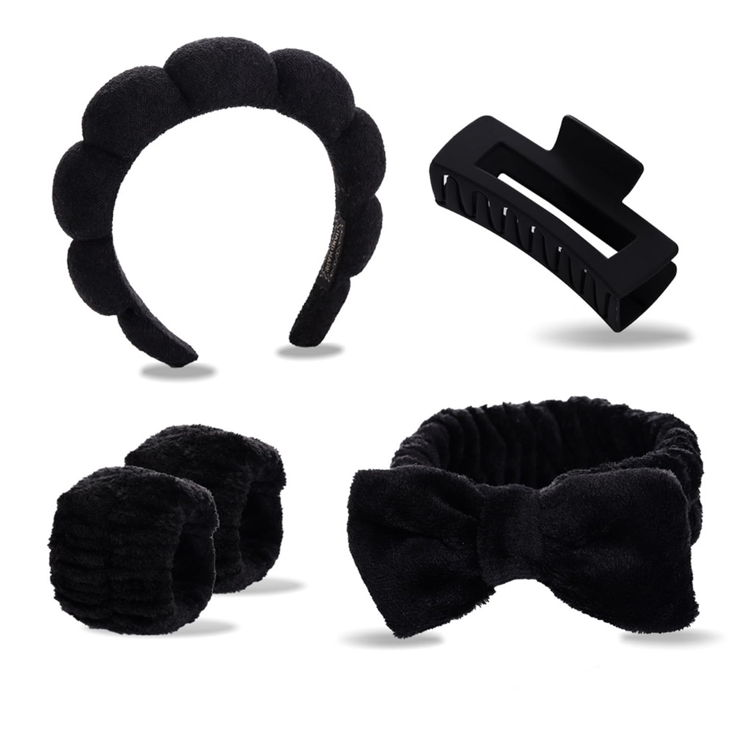 5pcs Spa Headband and Wrist Bands Set for Washing Face, Terry Cloth Puffy Makeup Facial Skincare Headbands for Women, Soft Hair Face Wash Accessories, Black