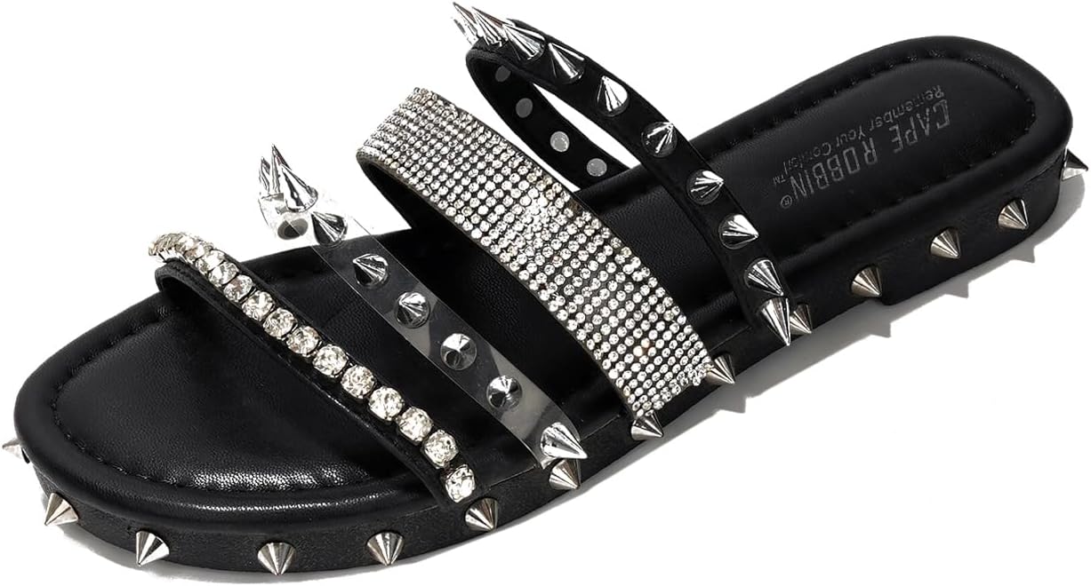 Cape Robbin Women's Spike Studded Slide Sandals Open Toe Slip On Flat Summer Beach Shoes (Xtreme)