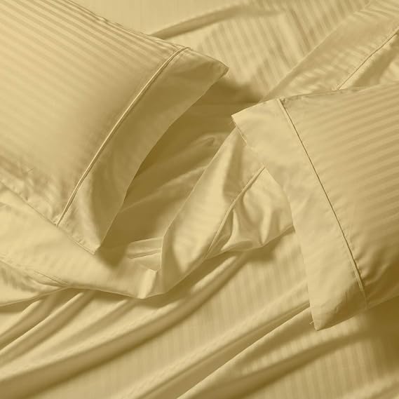 Damask Striped 650-Thread-Count, Cotton-Blend, 22-Inch Super Deep Pocket Queen Bed Sheets Set, Gold