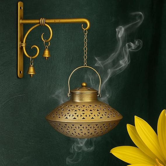 RSN Decorative Brass Incense Burner with Bells, 17.8 cm, Wall-Mounted Metal Lantern for Home and Puja Room