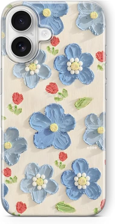 iPhone 17 ile Uyumlu Mavi Yağlı Boya Çiçek Desenli Şeffaf Telefon Kılıfı