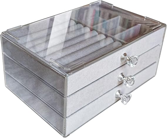 Clear Acrylic Velvet Jewelry Organizer with 3 Drawers, Stackable Display Storage Earrings Necklace Rings Bracelets Box Holder Case for Women, Grey