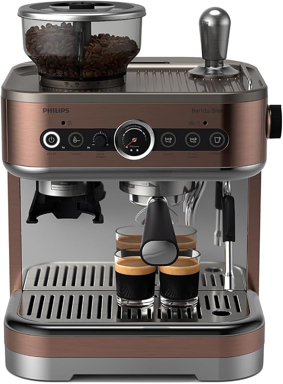PHILIPS Barista Brew Semi Automatic Espresso Machine - Single & Double Espresso + Americano Button, 280g Dual Bean Container, Intuitive Guidance, Calibrated Tamping, Metal Cappuccino (PSA3228/41)