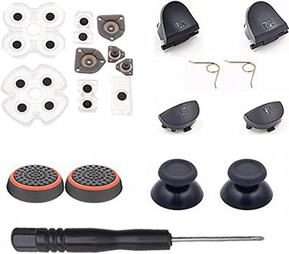 L1 R1 L2 R2 Trigger Springs Buttons + 2 Joystick Thumb Sticks + 4 Springs + 1 Screwdriver + 1 Set Silicone Conductive Rubber Pads for PS4