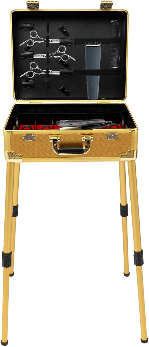 Barber Case, Mobile Barber Station Professional Barber Toolbox with Gold Stand Portable Barber Chair Barber Clipper Case for Barbers to Store Pushers, Trimmers, Blades, Scissors, Combs