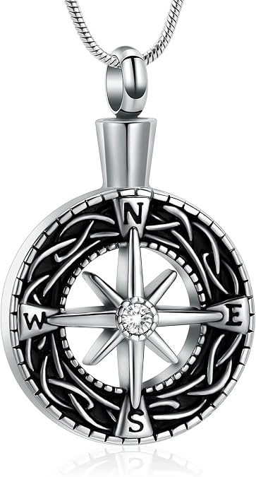 Compass Urn Necklace for Ashes Stainless Steel Cremation Jewelry Memorial Necklace Urn for Human Ashe of Loved Ones