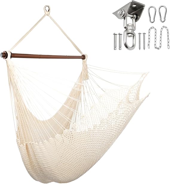 Bathonly Large Hammock Chair with Spreader Bar and Heavy Duty Swing Hanger, Caribbean Hammock Swing Chair, XL Hammock Chair Outdoor Indoor, 330 LBS Weight Capacity,Seashell