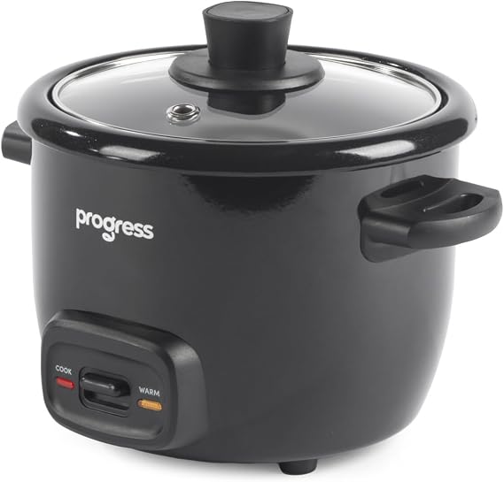 Progress Rice Cooker 0.4 L, 2 Cup Capacity, Keep Warm | Aluminium Inner Pot With PFAS-Free Coating, 250 W Power, Black Finish, Includes Measuring Cup And Rice Paddle