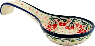 Polish Pottery Market 12 Long Handmade by Zaklady Boleslawiec Poland, Cute Spoon Rest for Stovetop, European kitchen decor, Ladle Holder Cherry Blossom Bliss