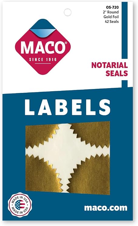 MACO Gold Foil Notarial Seals, 2 Inches in Diameter, 42 Per Box (OS-720)