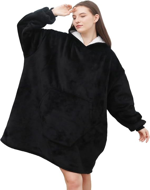ZhangShi Wearable Blanket Hoodie, Oversized Sherpa Fleece Sweatshirt Blanket with Giant Hood Pocket and Sleeves for Adult
