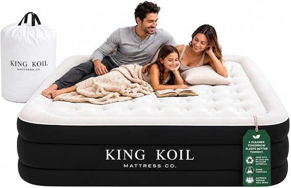 King Koil Queen Size Raised Air Mattress - Best Inflatable Airbed With Built-In Pump - Elevated Raised Air Mattress Quilt Top Queen Black