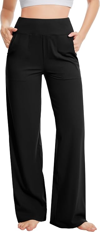 Yoga Pants Women Wide Leg Pants High Waist Stretch Dress Casual Sweatpants Lounge Pants with Pockets Black, Medium, 29" Inseam