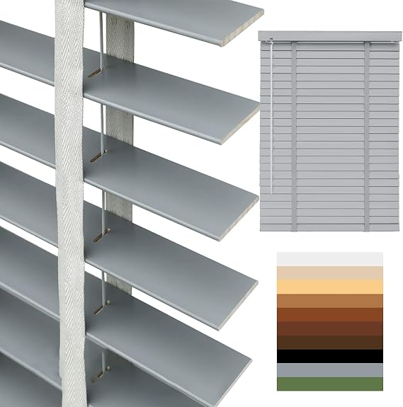 Custom Cordless Wood Blinds for Indoor Windows, 2 Inch Slats Blackout Horizontal Window Blinds, Wooden & Faux Wood Blinds for Home, Bedroom, Office (Gray)