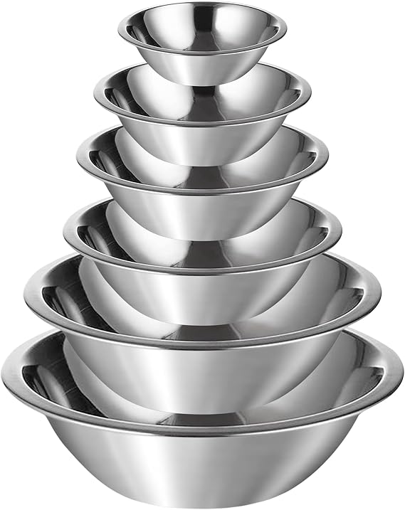 Stainless Steel Mixing Bowl Set of 6 which Includes 0.75 QT, 1.5 QT, 3 QT, 4 QT, 5 QT and 8 Quart Nesting Metal Bowls for Kitchen Baking Cooking Salad and Food Prep