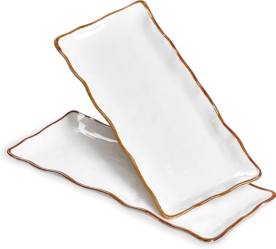 ONEMORE Ceramic Rectangle Plates Set of 2, 15 inch Serving Platters, Serving Trays for Steak Sushi Appetizer for Party, Creamy White