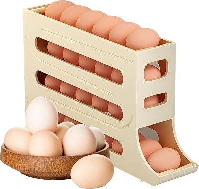 4-Tier 28 Eggs Automatic Rolling Egg Dispenser, Space-Saving Egg Tray Organizer Holder for RefrigeratorKitchenCabinetsCountertop and Dining Table Yellow