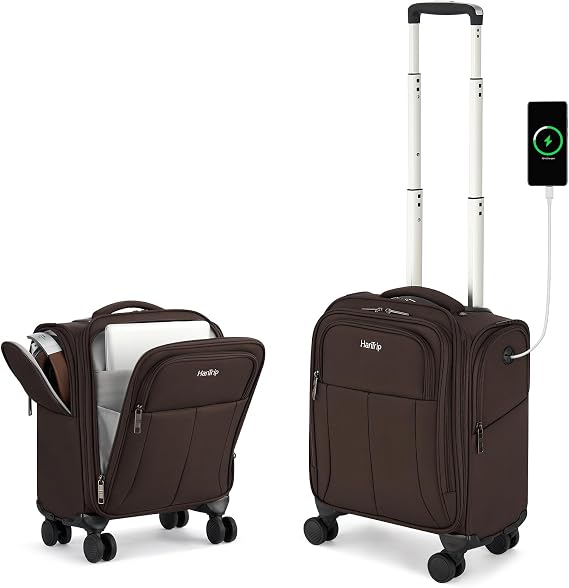 HanTrip 16 Inch Underseat Mini Carry On Luggage with Spinner Wheels, Coffee